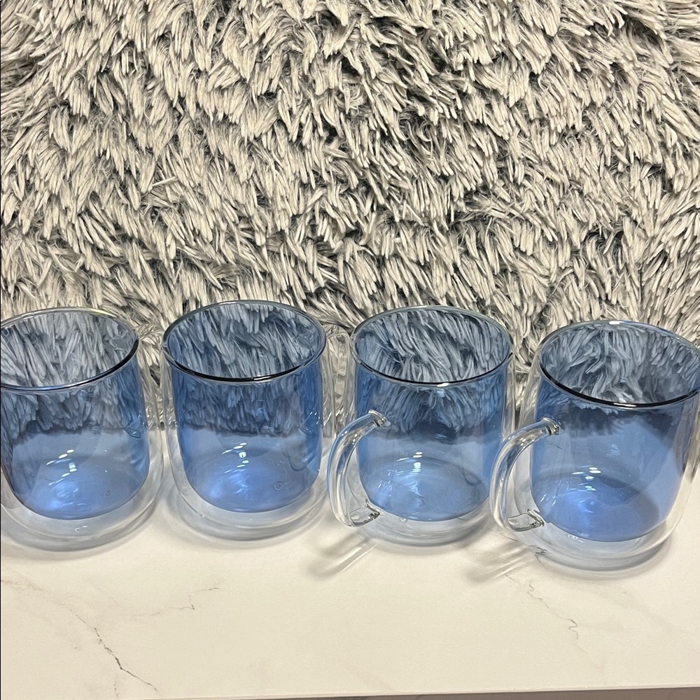 Elegant Blue Double Walled 4 Piece Glass Mug Set